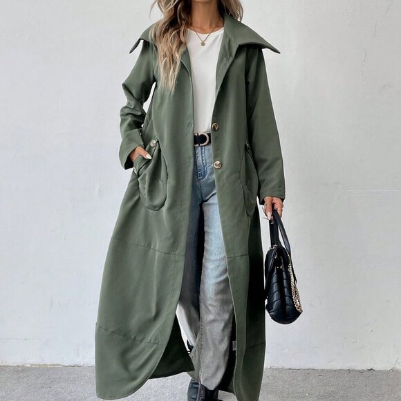 Army Green Casual Women's Solid Color Double Pocket Long Jacket - Picture 5 of 5